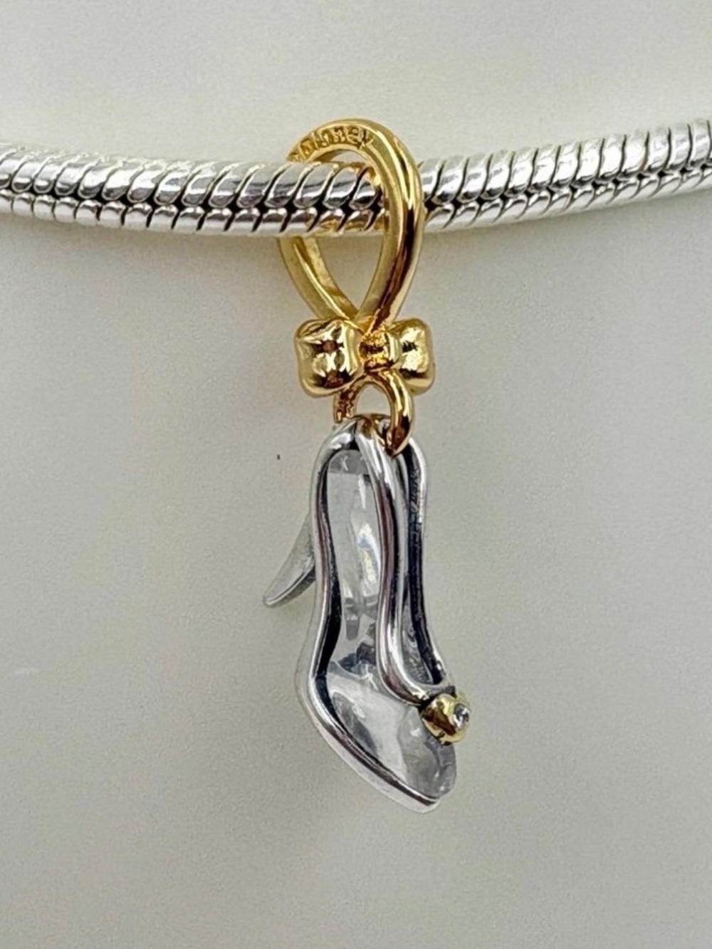 Pandora Disney Cinderella Glass Slipper Dangle Charm Two Tone Gold Bow